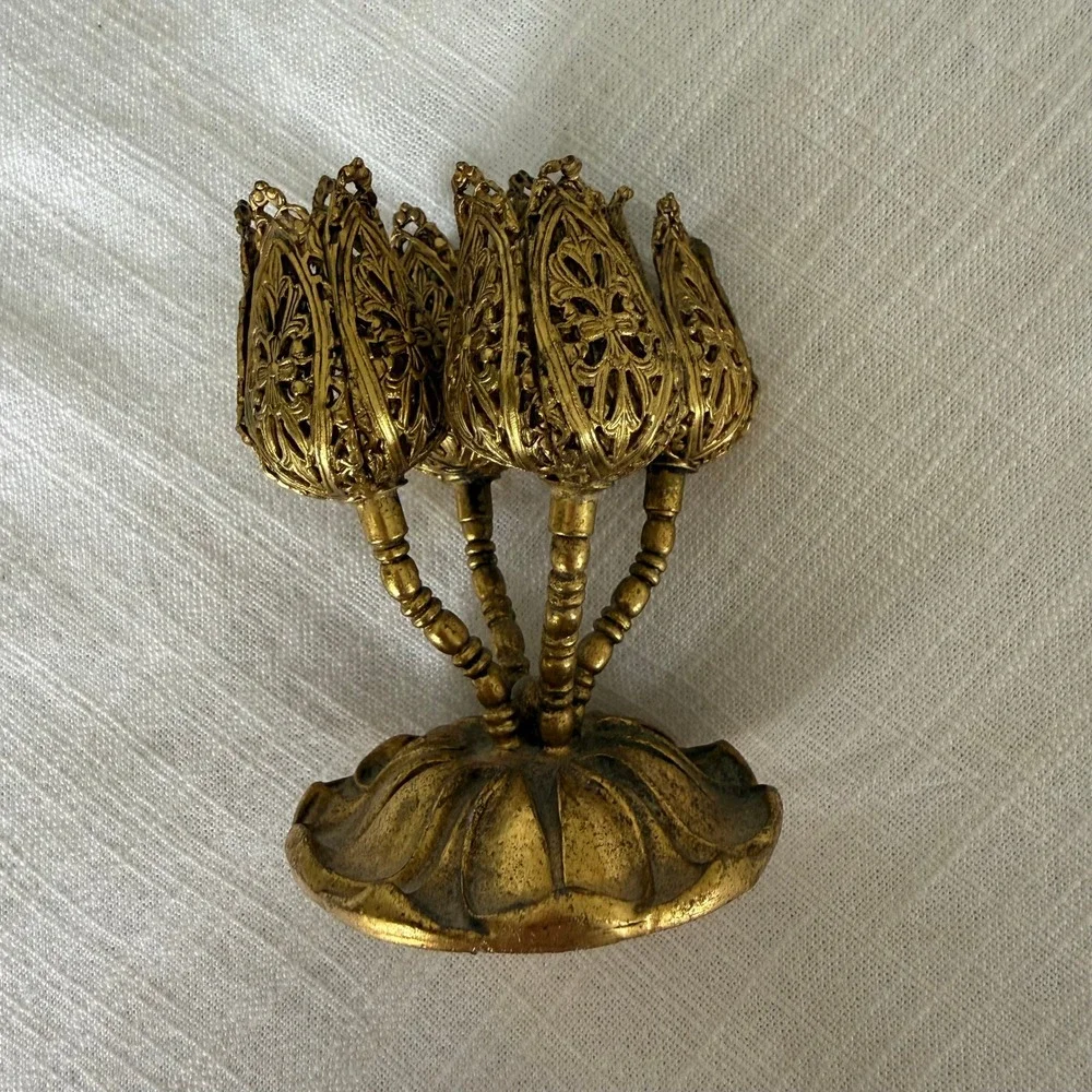 Vintage Gold Filigree Tulip Lipstick Holder 4 Slot